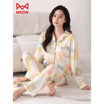 貓人帶胸墊睡衣女士春秋季純棉長袖開衫套裝大碼可外穿薄款家居服