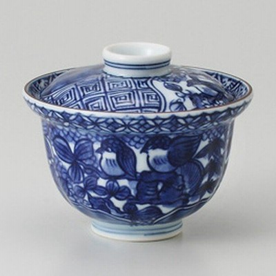 ☆ 蓋物 ☆ 染付地紋花鳥 小蓋物 [ 10.5 x 8.3cm 255g ] 【 料亭 旅館 和食器 飲食店 業務用 】
