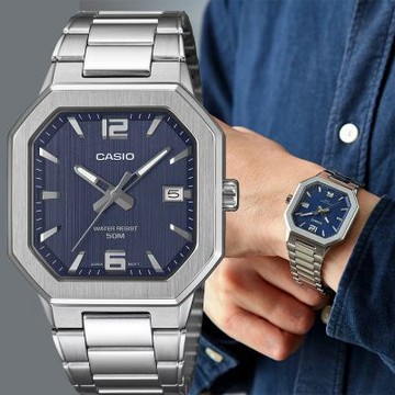 CASIO 卡西歐 八角日期指針手錶 不鏽鋼帶 考試錶 學生錶 開學換新季 送禮推薦-藍x銀 MTP-B195D-2AV
