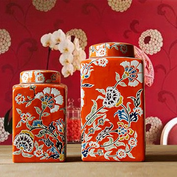 歐式新中式全手繪陶瓷臺面擺件四方罐儲物罐陶罐瓶家居新房裝飾品