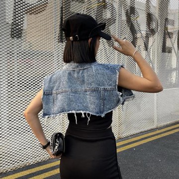 小眾設計感春夏季超短款無袖毛邊牛仔馬甲女個性百搭寬松chic馬夾