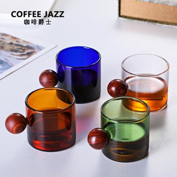 COFFEE JAZZ 迷你濃縮咖啡杯玻璃杯高顏值北歐帶把圓球木柄盎司杯