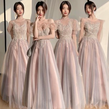 粉色伴娘服女2025新款夏季高級感小眾婚禮顯瘦姐妹團畢業晚禮服裙