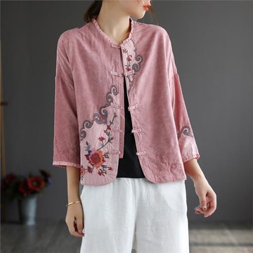 代勒復古貼布刺繡棉麻七分袖短外套女士夏季新款寬松盤扣開衫上衣