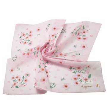 agnes b 品牌字母LOGO繽紛櫻花圖騰大帕領巾(粉紅系/58CM)