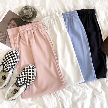 『現貨馬上出』RENA氣質淡雅純色松緊高腰顯瘦小個子夏季清爽薄款闊腿休閑長褲【R20133】