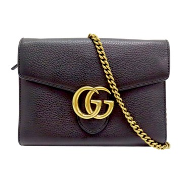 【二手名牌BRAND OFF】GUCCI 古馳 黑色 皮革 雙G Marmont 肩背包