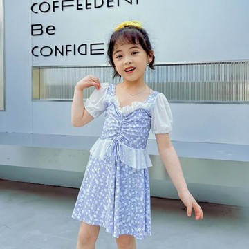 2022新款兒童泳衣 仙女夏季海邊女童連體泳裝 碎花裙款少女游泳衣