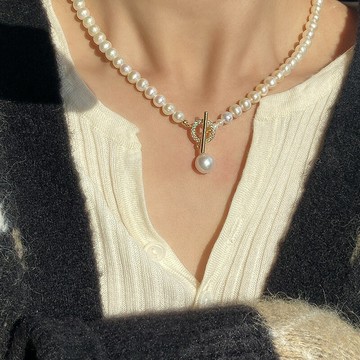 『百貨屋二號』天然強光淡水珍珠鑲鉆OT扣項鏈輕奢小眾設計ins冷淡風鎖骨鏈女