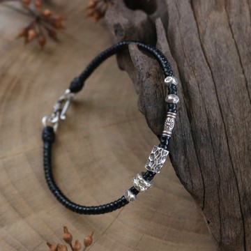 手作編織蠟繩泰國銀珠手鍊 男女皆宜純銀飾品 設計款蠟繩手鍊