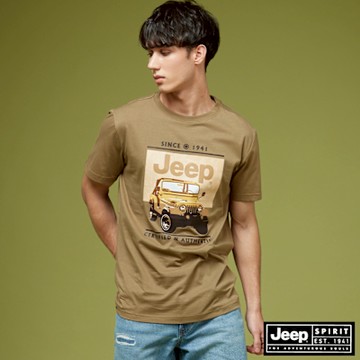 JEEP 男裝 吉普車印花純棉短袖T恤-卡其色