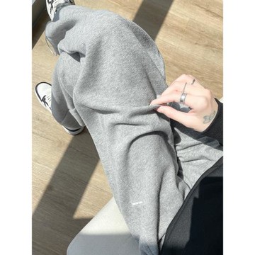 淺灰色闊腿褲女運動褲春秋直筒寬松束腳褲子高腰垂感休閑加絨衛褲