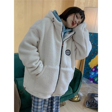 軟糯棉衣棉服連帽仿羊羔毛外套女冬季加厚搖粒絨仿羊羔絨上衣寬松