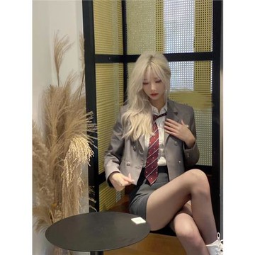 韓系學院風JK制服套裝灰色西裝短外套女灰色修身顯瘦包臀半身裙子
