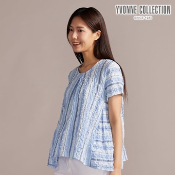 YVONNE 以旺傢飾 皺皺條剪接短袖上衣-浮水藍