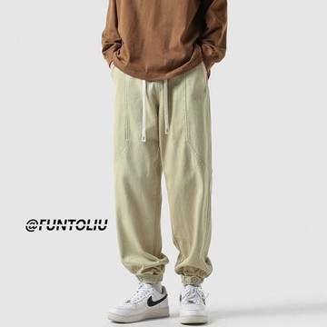 卡其色褲子男春秋新款潮牌寬松束腳運動褲日系復古男裝純棉休閑褲