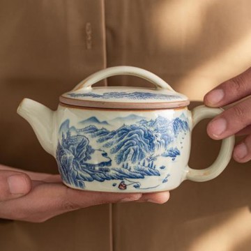 米黃汝窯山水畫漢瓦陶瓷茶壺泡茶家用開片可養汝窯功夫一人用單壺