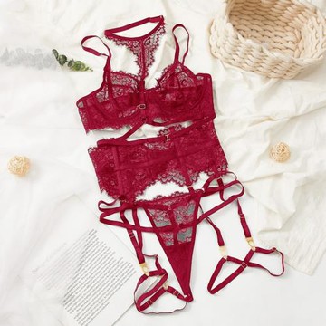 法式bra超薄無海綿有鋼圈紅色本命年文胸套裝不顯胸蕾絲透明內衣