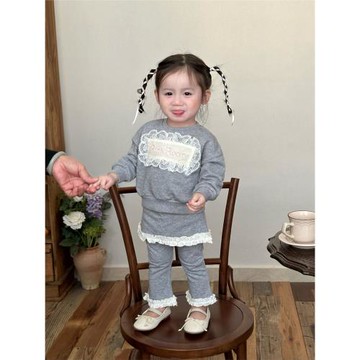 女童春季套裝2025新款韓版女寶寶蕾絲花邊衛衣褲子兩件套外出服春