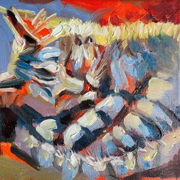 休憩貓咪油畫，8x8 原創畫作，溫馨貓咪壁畫，虎斑貓
