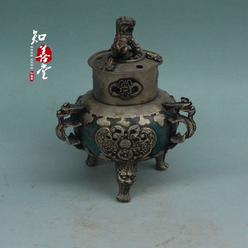 古玩雜項收藏 復古仿古 銀包玉三足小獅子香薰古玩銅器