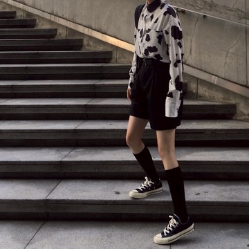 秋裝復古印花長袖襯衫寬松polo領襯衣女上衣+高腰闊腿褲+腰帶1入