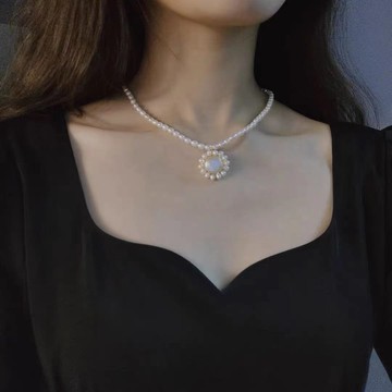 天然淡水珍珠米珠項鏈鎖骨鏈 搭配異形珠珍珠包邊面包珠吊墜 K168