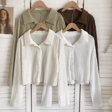 韓版百搭POLO領褶皺波浪紋襯衫2022早秋單排扣長袖短款小衫女