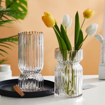 wo+創意透明豎紋收腰描金玻璃花瓶插花客廳餐桌玄關民宿裝飾擺放