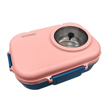 WORTHBUY 沃德百惠 304不鏽鋼3格雙層保溫便當盒 帶湯碗  北歐粉  1組