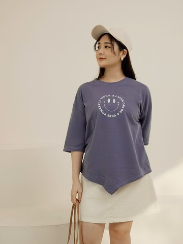 雲朵自訂款-微笑印圖不規則長版T恤上衣