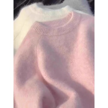 粉色馬海毛毛衣女秋冬慵懶風寬松套頭針織衫小個子軟糯圓領內搭
