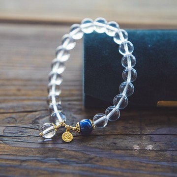 原創 天然白水晶藍晶石手串 純凈水晶轉運手鏈 漢服民族風