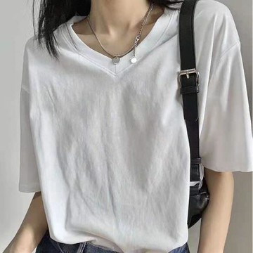 白色V領t恤女短袖夏季2026新款寬松胖mm純棉大碼女裝200斤上衣潮