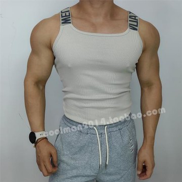 方領寬肩男士螺紋健身背心舒適透氣時尚個性運動健身無袖棉質吊帶