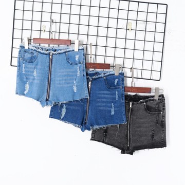 秋季女裝歐美風性感緊身高腰拉鏈毛邊破洞顯瘦牛仔短褲白菜價