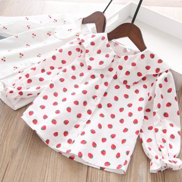 春款上新女童百搭草莓櫻桃印花愛心繡花長袖襯衫襯衣童裝