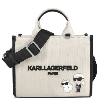 KARL LAGERFELD KRISTINA 大LOGO裸白色厚織帆布卡爾與貓徽章款兩用包