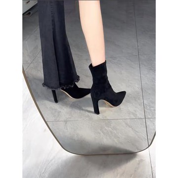 尖頭高跟短靴女2024新款秋冬黑色絨面襪靴裸靴彈力瘦瘦靴