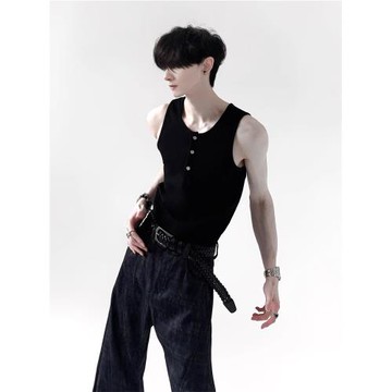 秋山風/小眾重磅貴氣白松石亨利領背心男夏高級感內搭修身無袖T恤