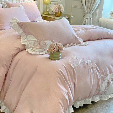 新國風全棉法式輕奢風雙層花邊被套立體刺繡四件套純棉公主水洗棉