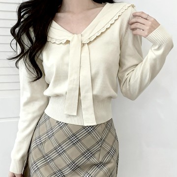 秋季韓系海軍領綁帶針織衫長袖上衣