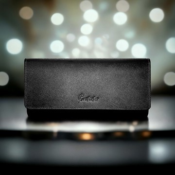 【刻字】 意大利十字紋優雅拼色磁扣真皮長銀包(啞黑色)