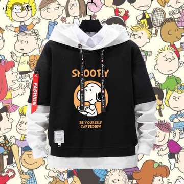 史努比聯名動漫卡通假兩件連帽衛衣男女大中小兒童裝學生外套帽衫