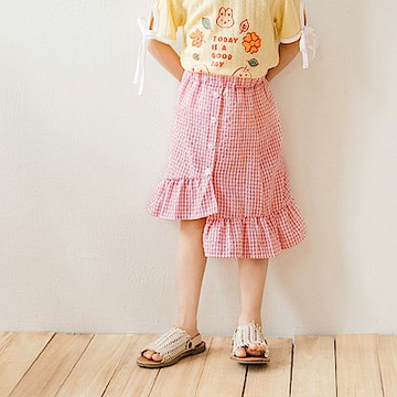 OB嚴選-不對稱假排釦荷葉下擺鬆緊腰中長裙