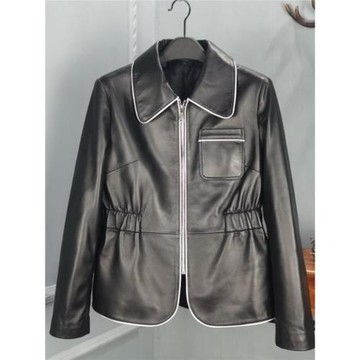 2025秋季POLO領真皮皮衣女綿羊皮拉鏈收腰短款修身夾克