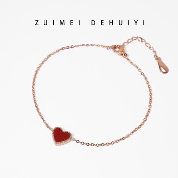 高級感黑色紅色雙面愛心手鏈女輕奢小眾紅心鈦鋼玫瑰金腳鏈送女友