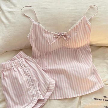 ♡ 𝑪𝒉𝒊𝒄 𝒖 ♡2025甜美粉色蝴蝶結條紋睡衣吊帶帶胸墊夏季家居服套裝