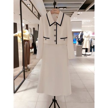 高端2024秋季新款通勤拼色裙假兩件單排扣a字口袋修身中長連衣裙