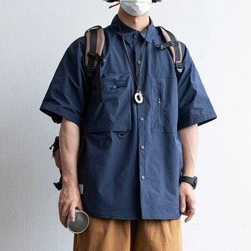 山系戶外機能風短袖襯衫男夏季cityboy多口袋寬鬆工裝休閒襯衣潮韓國 春夏 6色 口袋短袖襯衫 男女皆可 男襯衫 素面